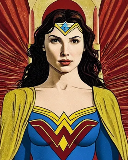 Image similar to Wonderwoman Gal Gadot, as the Madonna by Botticelli