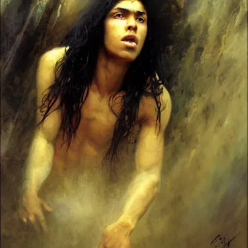 Image similar to a latino teenage boy with long black hair opens a portal to nowhere. dramatic. cinematic. holy. saintly. demigod. detailed. sharp. photo realistic. realism. gaston bussiere. phil hale