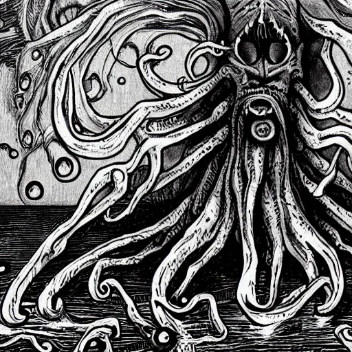 Image similar to the call of cthulhu in the style of junji ito,! dream the dunwich horror, hyper realistic, photorealistic, highly detailed
