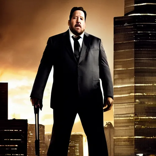 Prompt: clean-shaven Jon Favreau as Happy Hogan wearing a white dress shirt and black vest and black necktie floats high above a city with a frightened expression on his face