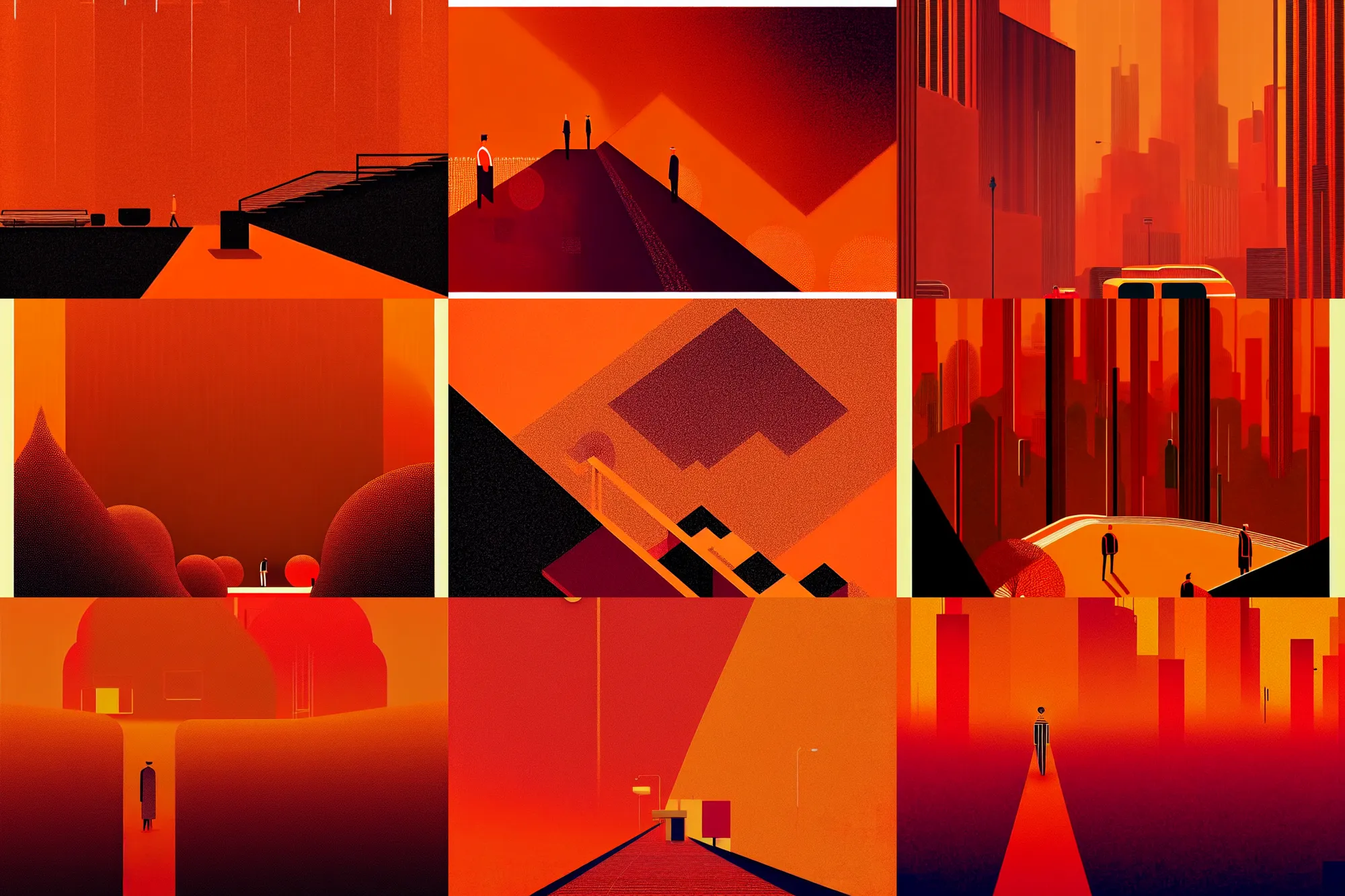 Prompt: ( ( dither ) ), editorial illustration a city ground out of an iphone screen, modern art deco, orange + red + black, ( ( mads berg ) ), christopher balaskas, victo ngai, rich grainy texture, detailed, dynamic composition, wide angle, matte print