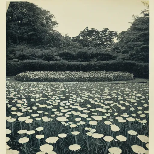 Prompt: a cyanotype of kew gardens, high resolution, magnificent, award winning, from the museum of modern art 1960