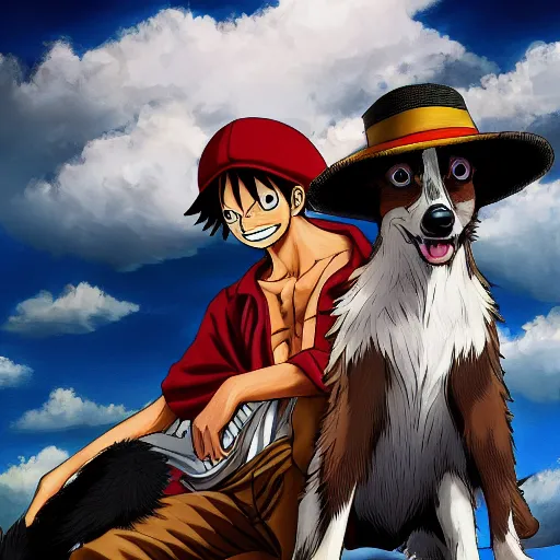 Image similar to luffy from one piece with an australian shepard, on artstation