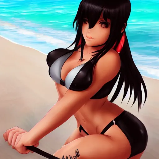 Prompt: beautiful tifa catgirl in a bikini on the beach making eye contact drawn by artgerm