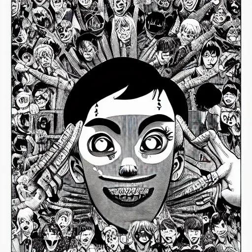 Image similar to ultrarealistic pop art poster from mangaka junji ito, intricate details, sharp details, perfect baroque like real project, symmetrical