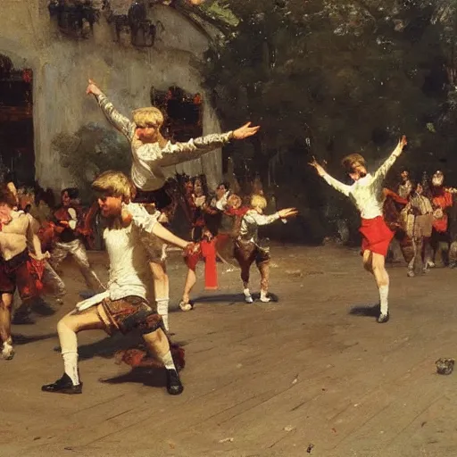 Image similar to a group of teenage boys doing TikTok dances. Ilya Repin and Ruan Jia.