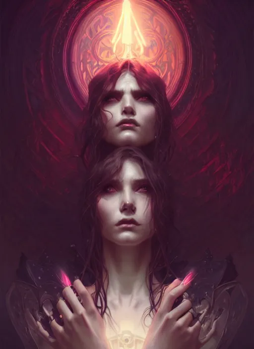 Image similar to Necromancer Sorceress, fantasy magic, undercut hairstyle, dark light night, intricate, elegant, sharp focus, illustration, highly detailed, digital painting, concept art, matte, art by WLOP and Artgerm and Greg Rutkowski and Alphonse Mucha, masterpiece