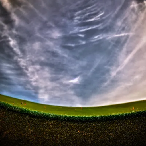 Prompt: low angle from inside a golf hole to the sky.