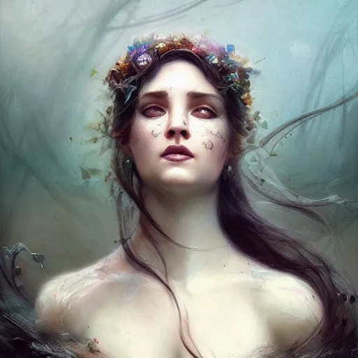 Image similar to dreams of the fae, papery flaking skin, with different colored eyes and flowing hair underwater, three-quarters portrait, intricate, elegant, sharp focus, illustration, highly detailed, digital painting, concept art, matte, by Aleksi Briclot and by Ivan Aivazovsky and by Greg Rutkowski, artgerm, wlop, masterpiece, art nouveau, baroque, fauvism