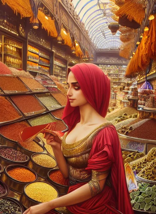 Prompt: a young arabian lady shopping at a desert spice market, shiny, fantasy, intricate, elegant, hyper detailed, ultra definition, photoreal, artstation, unreal engine rendered, concept art, smooth, sharp focus, illustration, art by artgerm and greg rutkowski and alphonse mucha and garis edelweiss