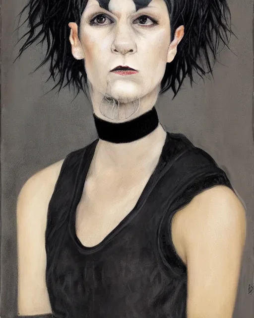 Image similar to A goth portrait painted by Dan Witz. Her hair is dark brown and cut into a short, messy pixie cut. She has a slightly rounded face, with a pointed chin, large entirely-black eyes, and a small nose. She is wearing a black tank top, a black leather jacket, a black knee-length skirt, a black choker, and black leather boots.