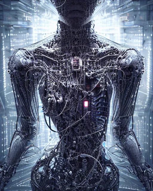 Image similar to portrait photo of a biomechanical torso of a cyborg plugged into a quantum computer with cables and wires and optic fibers. cyberpunk horror style. art by luis royo. highly detailed 8 k. intricate. nikon d 8 5 0 5 5 mm. award winning photography.