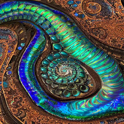 Image similar to Art Nouveau cresting oil slick waves, hyperdetailed bubbles in a shiny iridescent oil slick wave, ammolite, detailed giant opalized ammonite shell, black opal, abalone, paua shell, ornate copper patina medieval ornament, rococo, oganic rippling spirals, octane render, 8k 3D