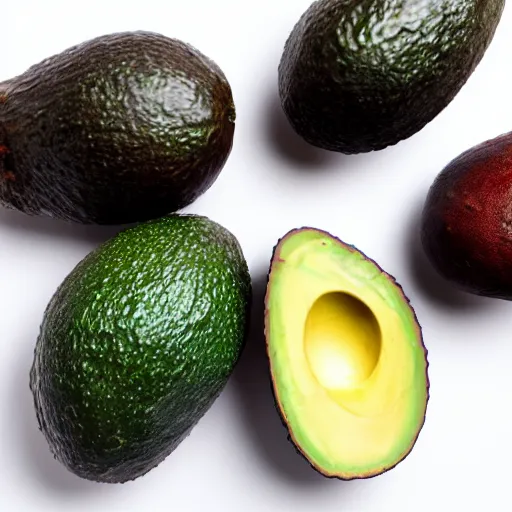 Prompt: four avocados in a row, studio photography, professional photograph, white background, studio lighting