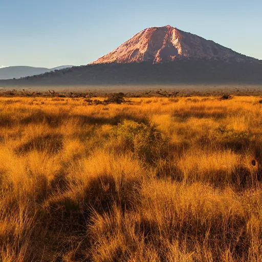 Image similar to an expansive cinematic mystical savanna with a mighty mountain in the background