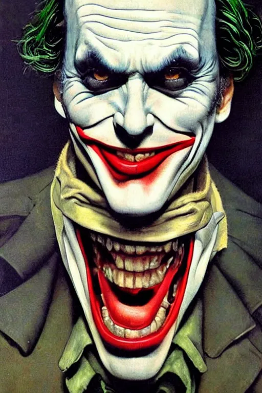 Prompt: michael keaton as the joker. at night, upper torso, beautiful painting by norman rockwell and raymond swanland, beautiful detailed face.