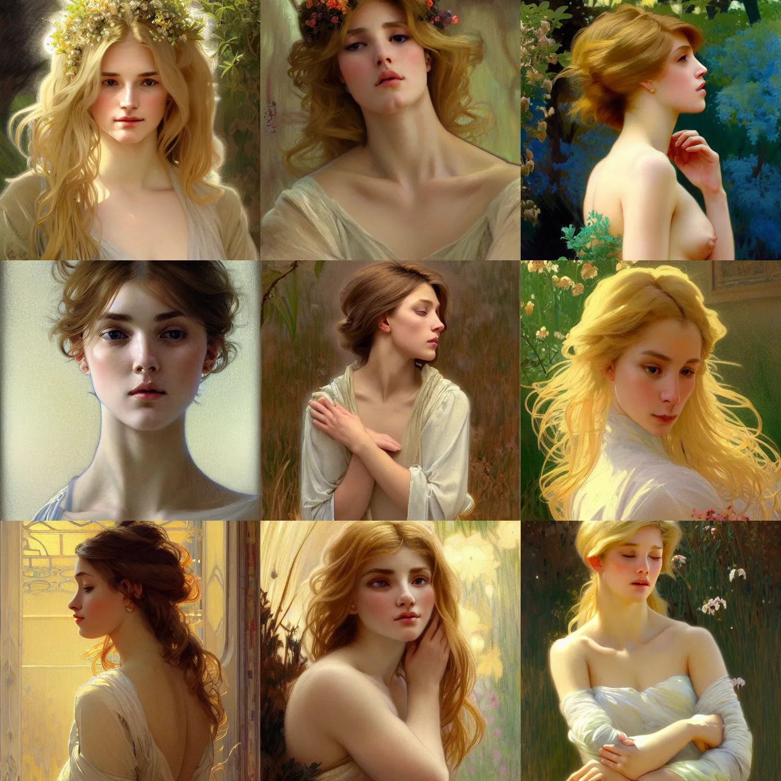 Prompt: painted portrait of a shy wife blessed by god to grow immaculately beautiful and perfect. blonde, clothed holy body, light effect. modern fantasy, high estrogen, fertile, in clothes! highly detailed, intricate, elegant, concept art, digital painting, artstation, smooth, sharp focus, illustration, art by gaston bussiere and alphonse mucha