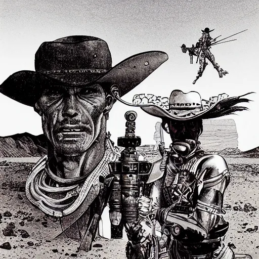 Image similar to cyborg cowboy in a desert space wild west town, highly detailed, by moebius