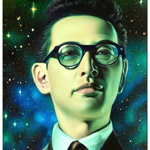 Prompt: UHD tonalism cosmic painting of Buddy Holly, by Antonio Caparo and Ferdinand Knab and Greg Rutkowski, UHD, photorealistic, trending on artstation, trending on deviantart