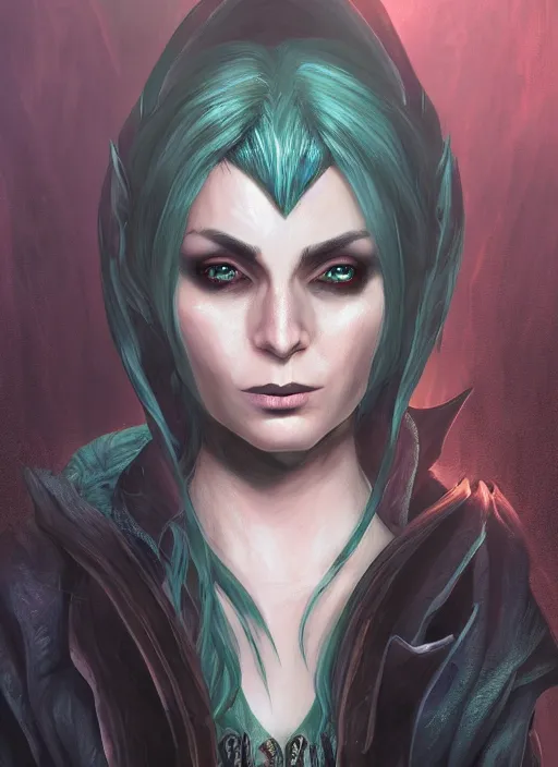 Image similar to A fantasy comic book style portrait painting of a vampiric female elf Sorcerer in a atmospheric dark fortress, unreal 5, DAZ, hyperrealistic, octane render, RPG portrait, ambient light, dynamic lighting