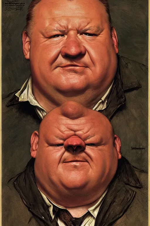 Prompt: dynamic upper body portrait of ray winstone as a toad hybrid and dressed as baron harkonnen, by norman rockwell and boris vallejo