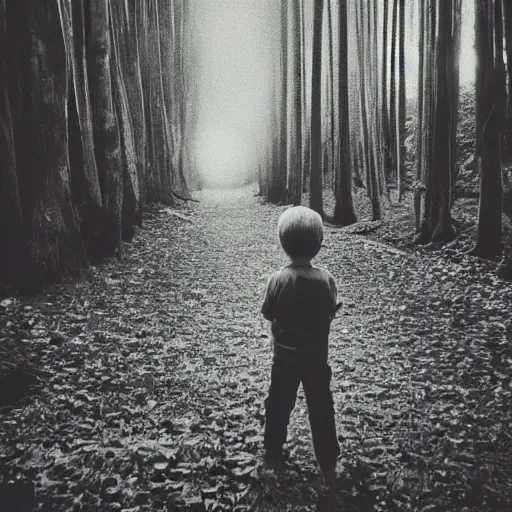 Prompt: kid looking at camera in forest at night, far away from camera, 70s photo, out of focus, motion blur, cctv footage