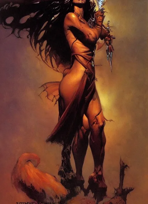 Image similar to ample female necromancer sorceress, strong line, deep color, beautiful! coherent! by frank frazetta, by brom, low angle