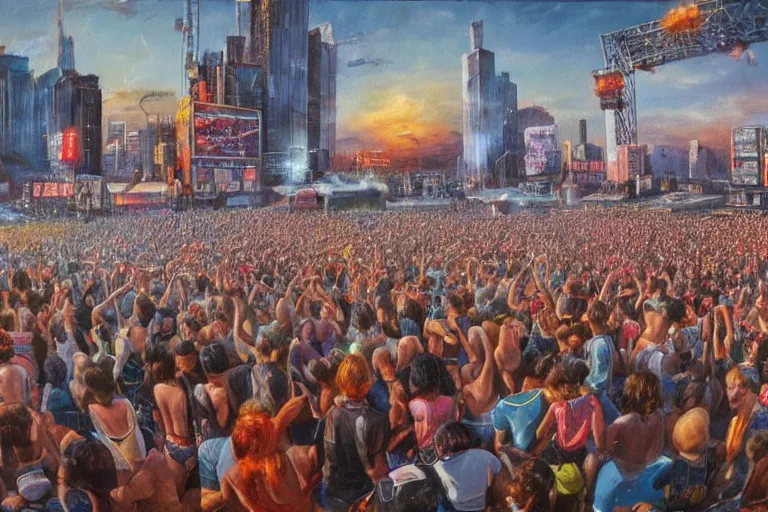 Image similar to 4 k hyper realistic oil painting of 1 9 8 0 s city at a music festival, huge stage and a big speaker array in the sky booming heavy metal music, a band of heavy metal playing on stage, detailed painting in the style of axel aabrink