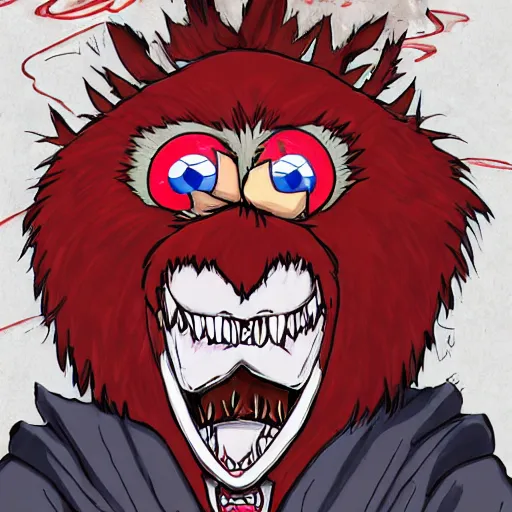 Image similar to scary anime Portrait of horrific Youppi the Habs Montreal Canadiens Mascot as a very dead powerful and violent pokemon, Youppi eating Boston Bruins Bear Logo, lots of blood, highly detailed anime, high evolution, 1990s, haunted shiny legendary, darkness, smooth, sharp focus, dynamic lighting, intricate, trending on ArtStation, stuff of nightmares, illustration pokemon, art by WLOP