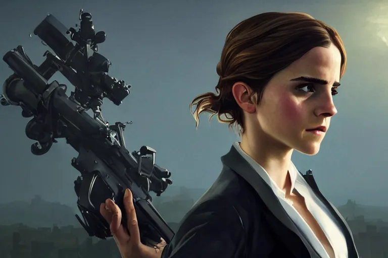 Prompt: Emma Watson wearing a suit in a grand theft auto 5 loading screen, medium shot, intricate, highly detailed, digital painting, artstation, oppressive lighting, sharp focus, illustration, art by greg rutkowski and alphonse mucha