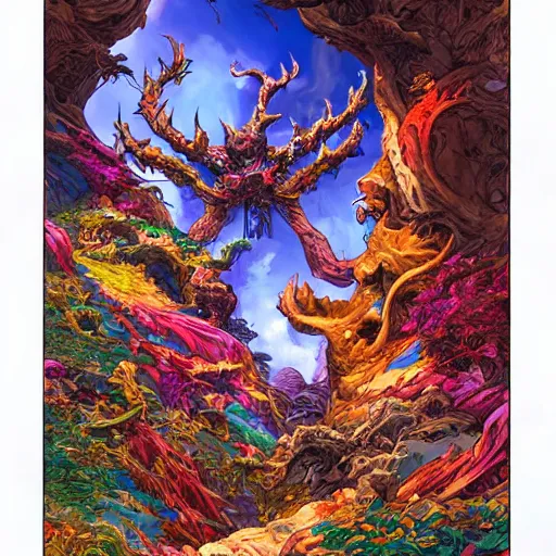 Prompt: a doorway that creates enchantment, displaying strange, magnificent, colourful landscapes, highly detailed, smooth, sharp focus, bold colours, high contrast, unique, graphic novel, art by michael choi and joe madureira,