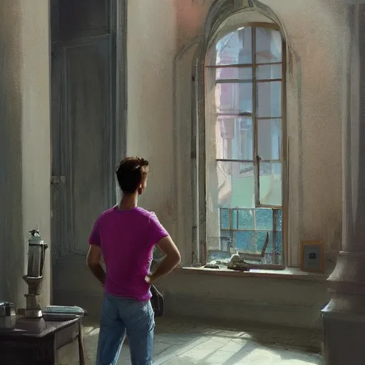 Image similar to concept art, young man in pink shirt standing near french windows, by james gurney, greg rutkowski, john howe, artstation