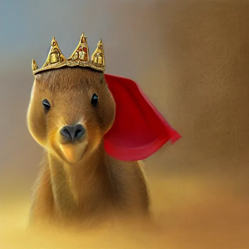 Prompt: detailed photorealistic painting of a capybara, wearing a ultra detailed ornamented gold crown with diamonds, in a highly detailed medieval knight armor with red cape, standing in front of a photorealistic detailed castle, sharp focus in the style of ruan jia, Mandy jurgens, cinematic light, concept art, trending on artstation, ultra realistic, 8k octane render, unreal engine