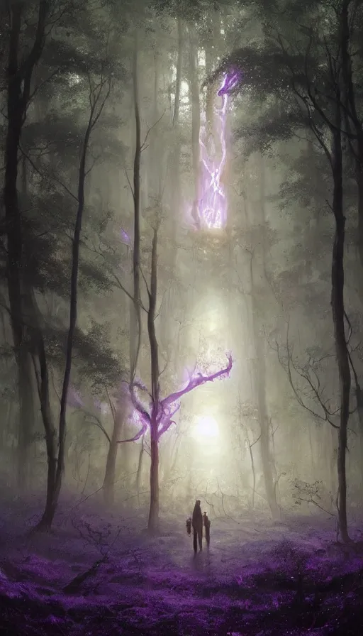 Image similar to Hyper realistic oil painting of a future sci-fi ancient god on the middle of a forest with a lot of purple trees holding a portal that's about to explode, fog, volumetric lighting, nighttime, moonlight, by Greg Rutkowski and Diego Velázquez