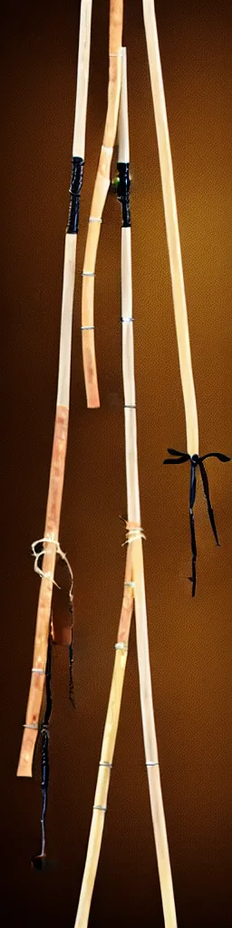 Prompt: picture of a single wooden long straight thin ninja fighting staff with small ornaments, weapon, highlight, centred, symmetric, sci - fi, fantasy, dnd, close shot, bright uniform background, award winning