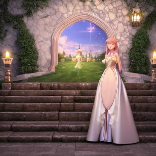 Image similar to a very detailed, ultra-realistic, pleasant, beautiful, funny, smooth 3D CG render, semirealistic anime style, close-up of a gorgeous, cute, gentle, noble priestess magician princess girl wearing dress and jewelry, in a glorious magic kingdom with castle and walls, relaxing calm vibes, fairytale, octane render