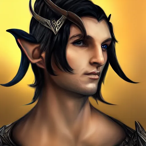 Image similar to portrait of pretty boy elvish tiefling with pointy ears and long dark hair, armored, fantasy, art