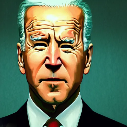 Image similar to cinematic portrait of Joe Biden as Tyler Durden. Centered, uncut, unzoom, symmetry. character illustration. Surreal render, ultra realistic, zenith view. Polished. Inspired by patricio clarey, heidi taillefer scifi painter glenn brown. Extremely ornated. artstation, cgsociety, unreal engine, ray tracing, detailed illustration, hd, 4k, digital art, overdetailed art. Dslr, tiltshift, dof. 64megapixel. complementing colors. Trending on artstation, deviantart,