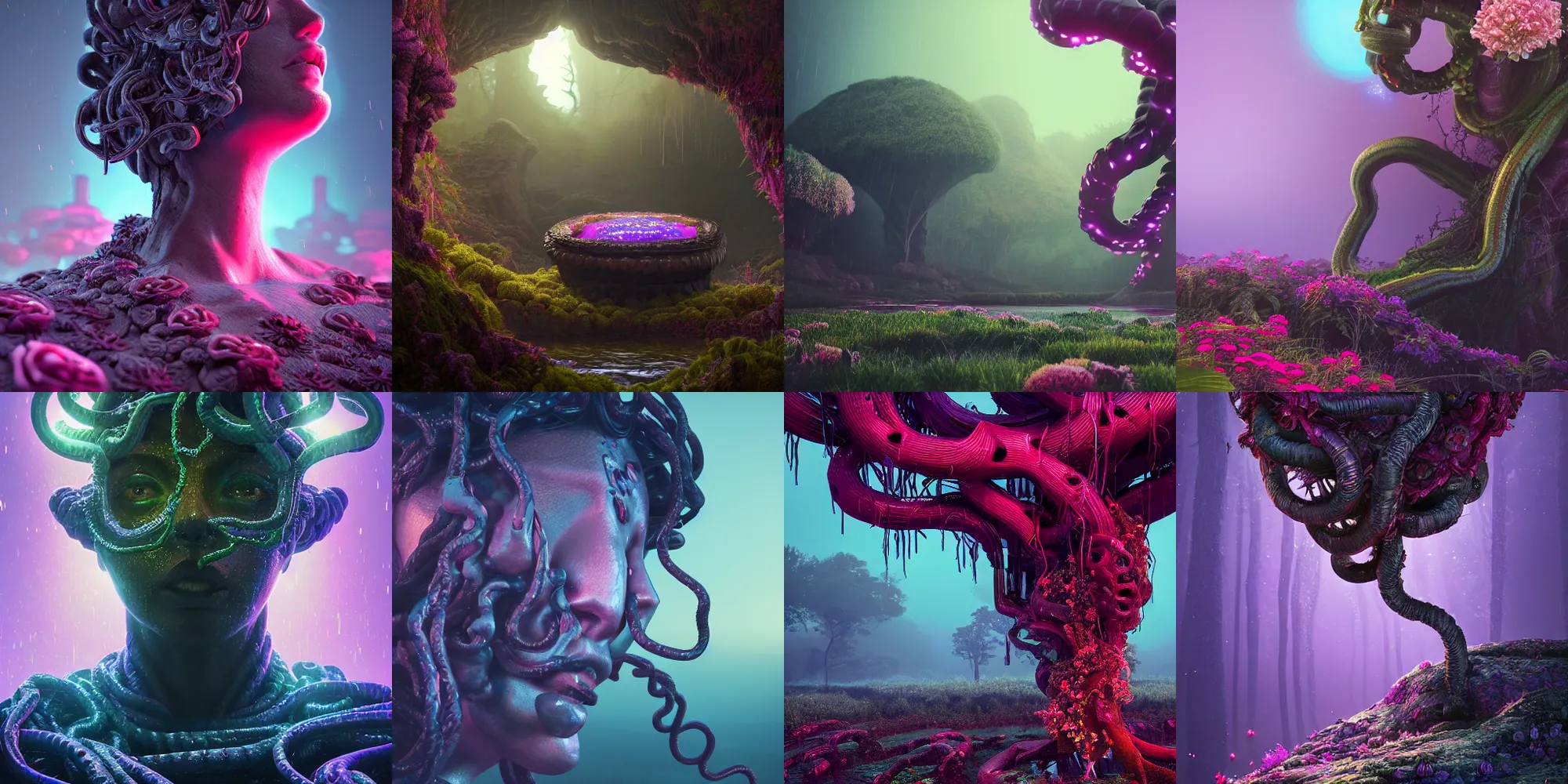 Prompt: beautiful dark wet landscape, medusa gorgon head, beautiful flowers, in the style of beeple and mike winkelmann, intricate, epic lighting, cinematic composition, hyper realistic, 8 k resolution, unreal engine 5, raytracing, ultraviolet colors,