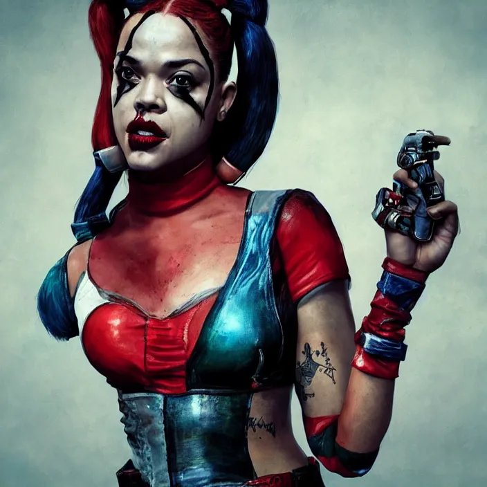 Image similar to portrait of Tessa Thompson as a harley quinn. intricate abstract. intricate artwork. by Tooth Wu, wlop, beeple, dan mumford. octane render, trending on artstation, greg rutkowski very coherent symmetrical artwork. cinematic, hyper realism, high detail, octane render, 8k, iridescent accents