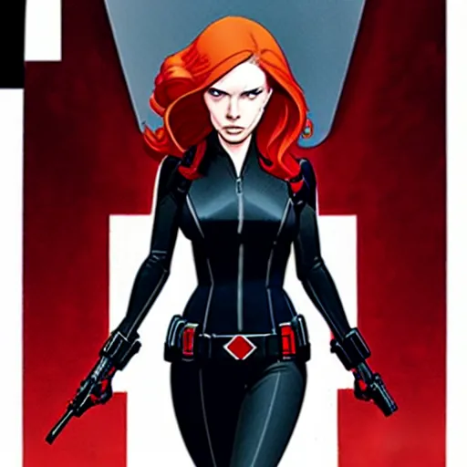 Image similar to phil noto comicbook cover art, black widow marvel, symmetrical eyes, long red hair, full body, city rooftop