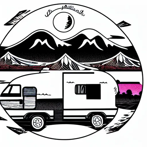 Prompt: white and black cute thor chateau motorhome camper, highway, mountains and sunset!!, everything enclosed in a circle, happy, professional colorful etching illustration, logo