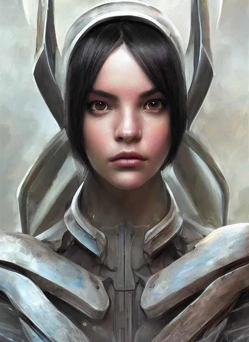 Image similar to a professional painting of a beautiful young female alien, clothed in ethereal armor, olive skin, long dark hair, beautiful bone structure, symmetrical facial features, intricate, elegant, digital painting, concept art, smooth, sharp focus, illustration, from Valerian and the City of a Thousand Planets, by Ruan Jia and Mandy Jurgens and Artgerm and William-Adolphe Bouguerea