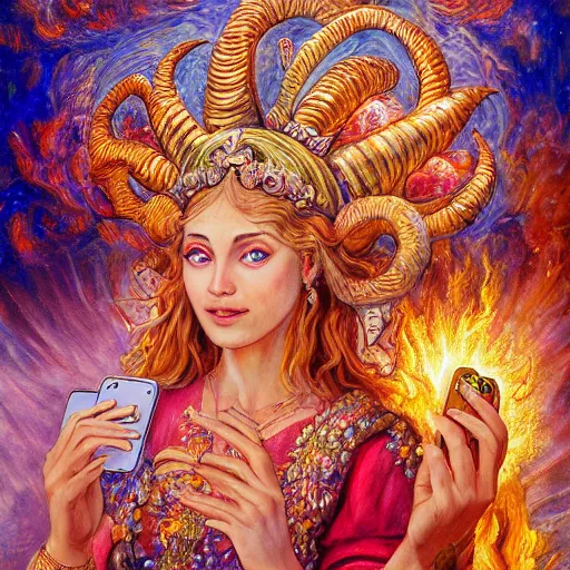 Image similar to a painting by josephine wall depicting aires as a goddess with large ram horns growing from her head. she is checking her cell phone. erupting volcano and sunrise in distance in background, flowers in foreground, acrylic on canvas, intricately detailed, highly detailed, high resolution, hd, 8 k, wallpaper, trending on artstation, zodiac, fantasy