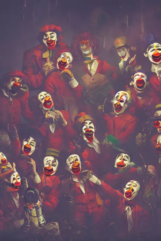 Image similar to a group of men dressed as clowns standing around tv screen in a dark foggy alley, highly detailed, trending on artstation