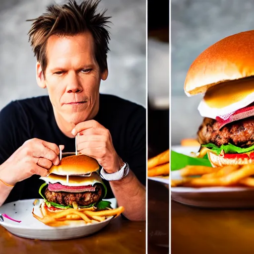 Image similar to kevin bacon profile portrait eating bacon burger soda fries, award winning food photography