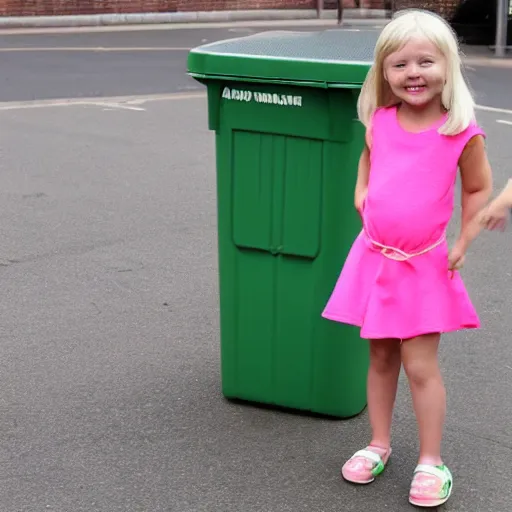 Prompt: a small blonde girl in front of some wheelie bins wearing a pink dress