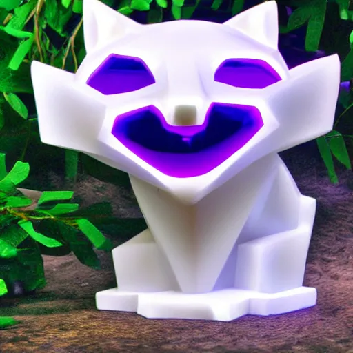 Image similar to Emerald Fox sculpture with glowing purple eyes