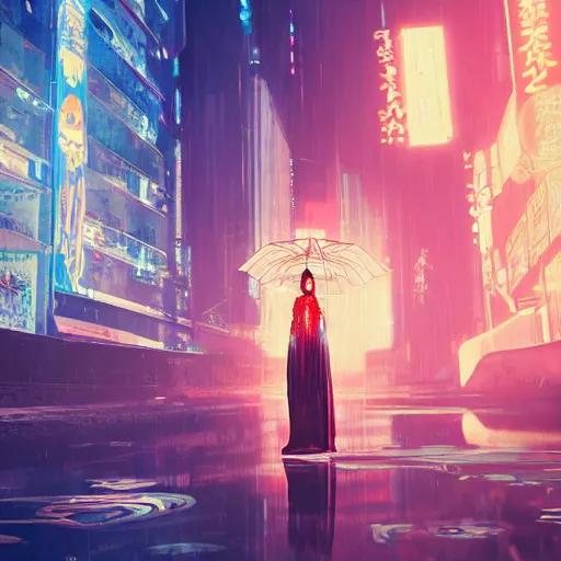 Image similar to Ross Tran style , blade runner robot, sci-fi, 4K symmetrical portrait, flowing long dress, kimono, billowing fabric, glowing floral headdress, parasol, walking on water, swirling koi fish, city lights, octane render, cgsociety.