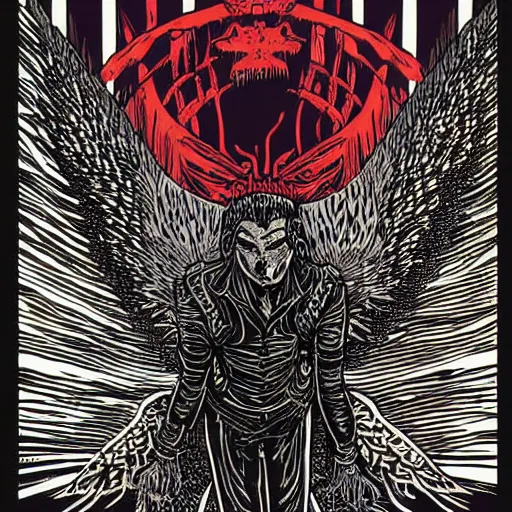 Image similar to woodcut of vampire with wings by Dan Mumford and Josan Gonzalez. Wearing leather and spikes. Very detailed linework